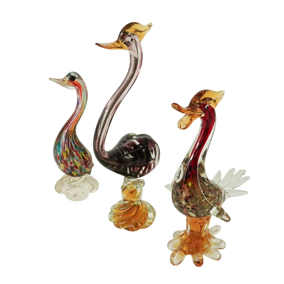 (3 pc) Vintage Murano Glass Bird Sculptures: (3 pc) Vintage Murano Glass Bird Sculptures Mid-20th Century, Italy Murano & Art Glass Bird Sculptures, including a Murano-style multicolored bird with aventurine and ribbon decoration, raised on a cl