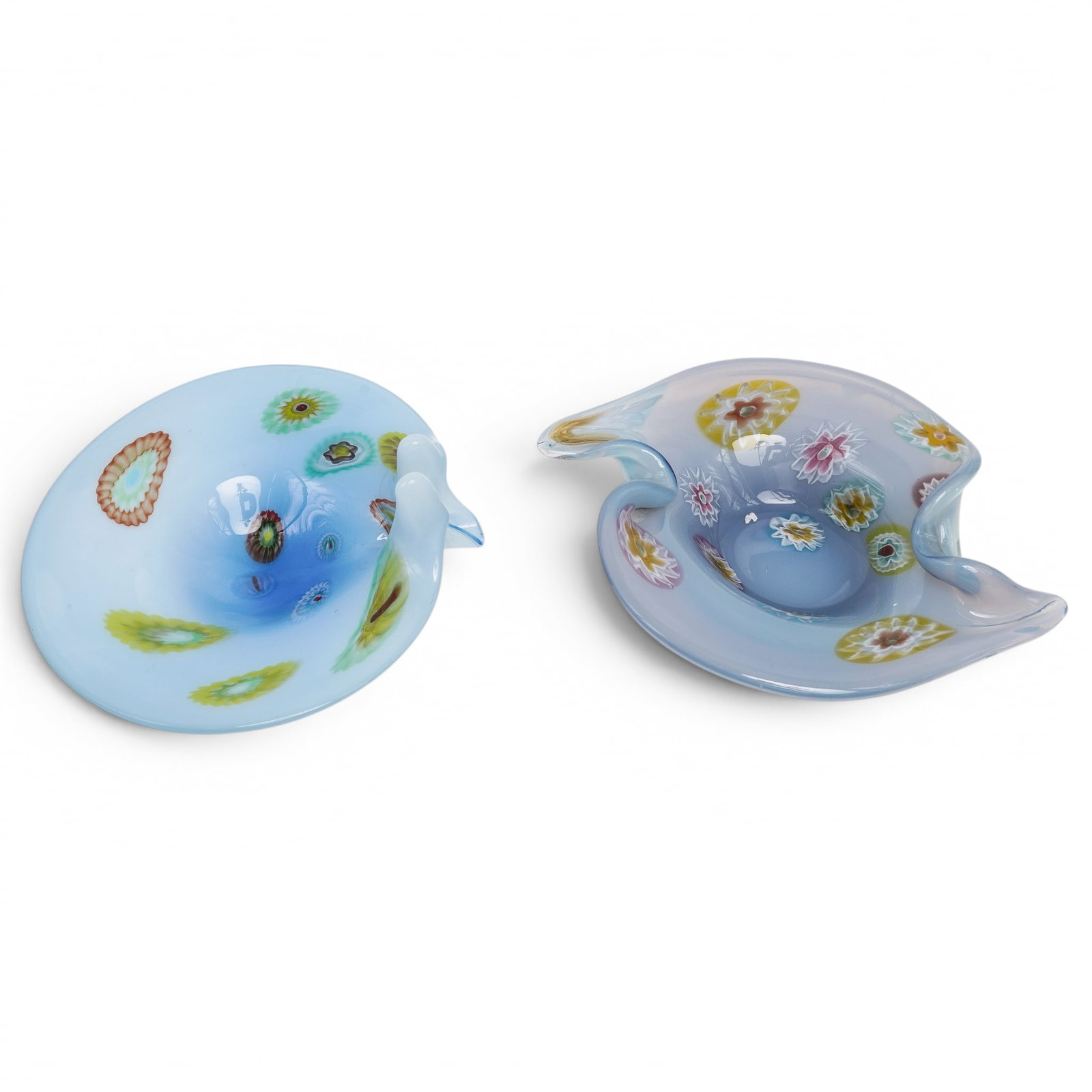 (2 Pc) Fratelli Toso Murano Blue Opaline Millefiori Glass Bowls (1 of 4)