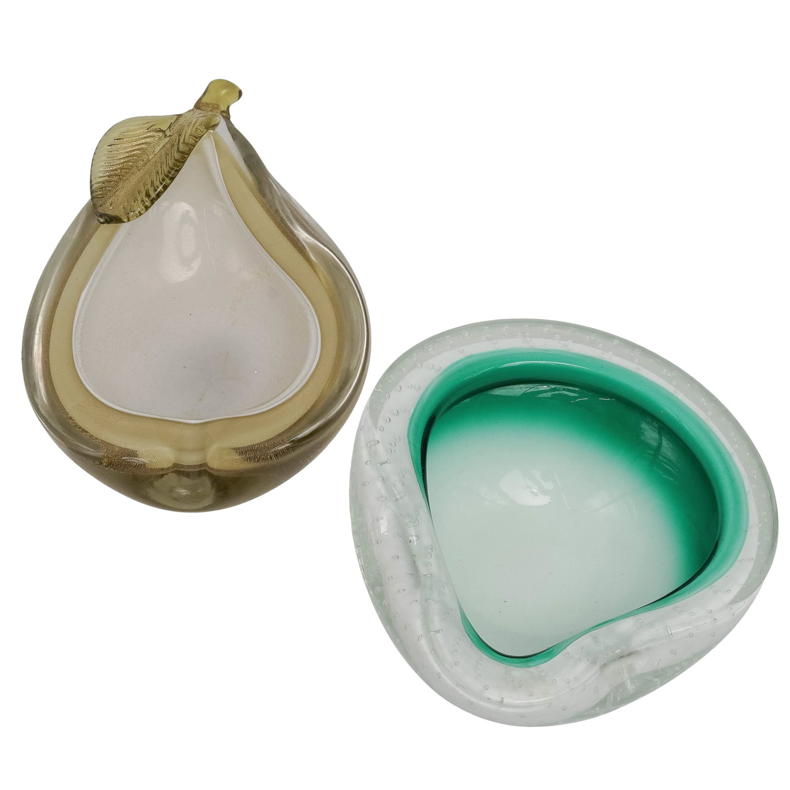 (2 Pc) Vintage Murano Art Glass Ashtrays: (2 Pc) Vintage Murano Art Glass Ashtrays Late 20th c., Italy Murano Pear-form ashtray bowl crafted with an opaque white interior cased in translucent glass embedded with gold aventurine flecks through
