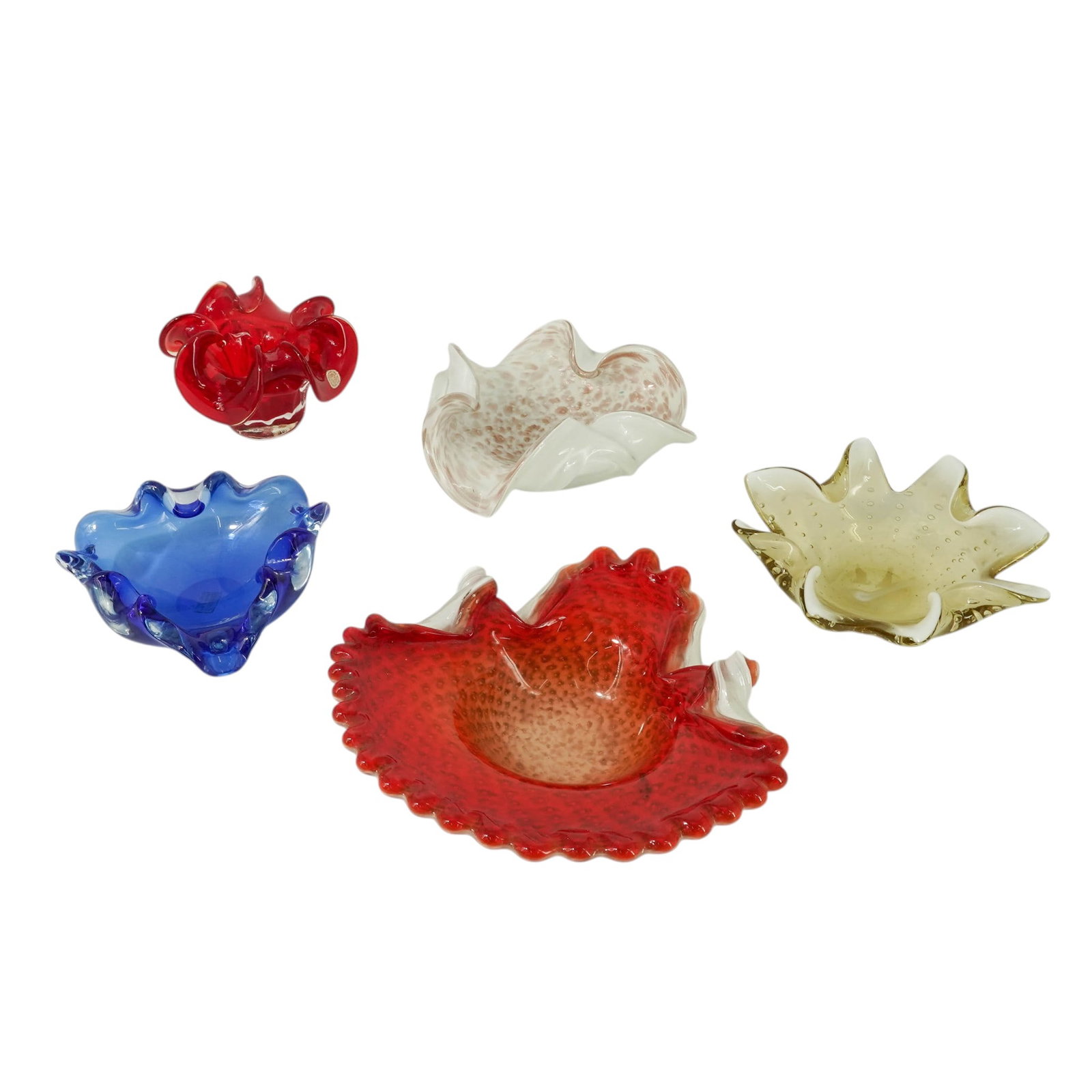 (5 pc) Murano Glass Centerpiece Bowls: (5 pc) Murano Glass Centerpiece Bowls Mid-20th Century, Italy Including a large orange and white bowl with aventurine-style textured decoration and scalloped rim, a blue cased glass bowl with applied 