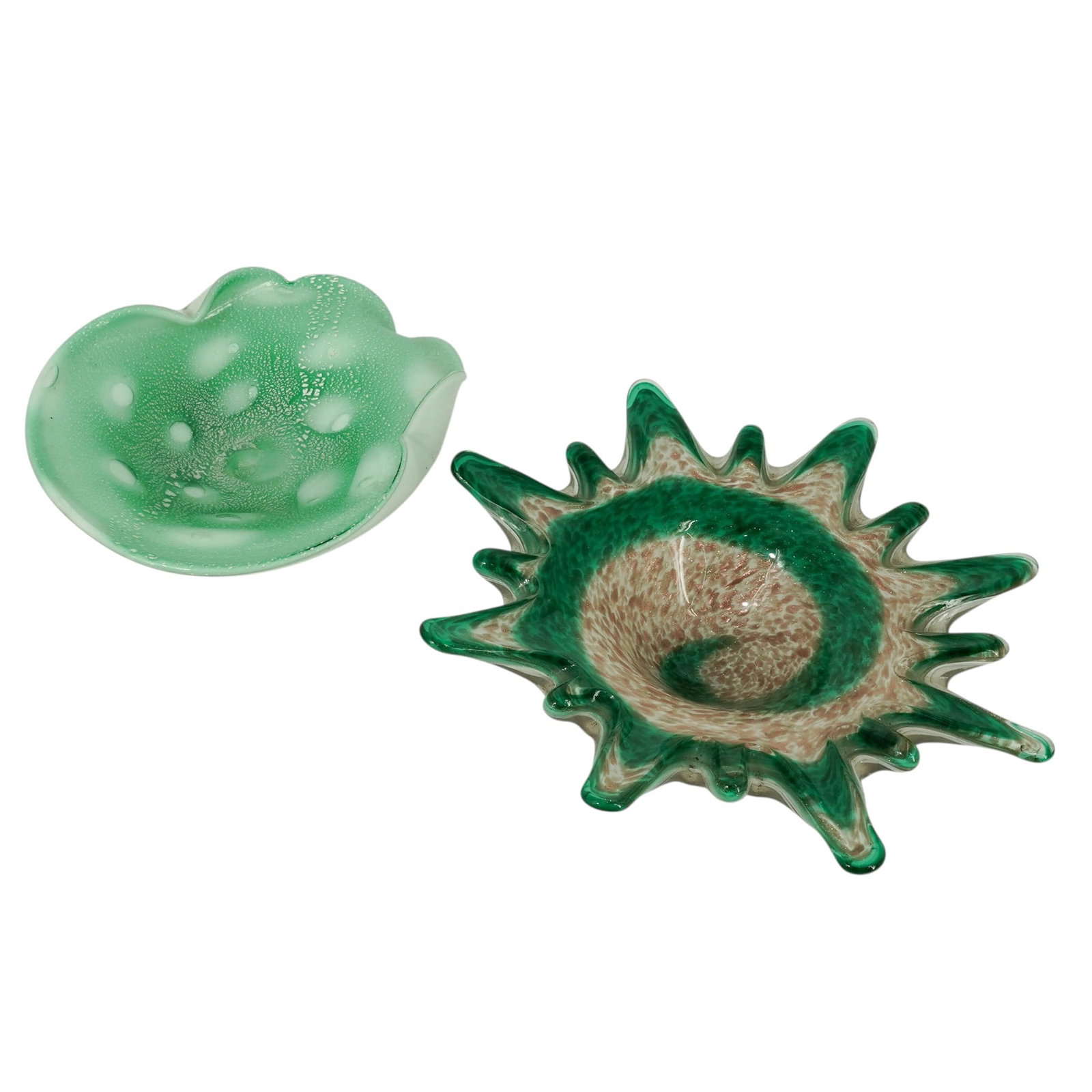 (2 Pc) Green Murano Glass Bowls: (2 Pc) Green Murano Glass Bowls 20th Cent. Italu Bowl one (1) bowl Mid Century Rain Drop Green and gold swirl art. Bowl two (2) Green and white cased with silver mica specks. Bowl one (1) 11.5" l x 11
