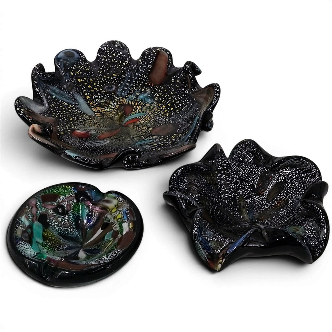 (3 pc) Vintage Murano Glass Silver Fleck Bowls (1 of 6)