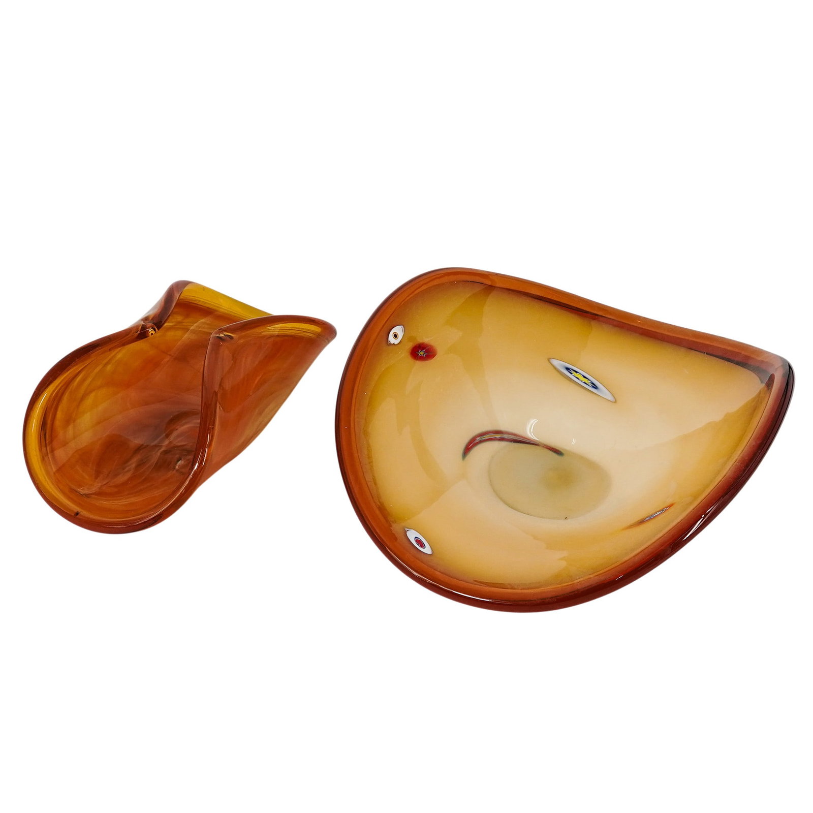 (2 pc) Murano Amber Glass Folded Bowl Centerpieces (1 of 6)