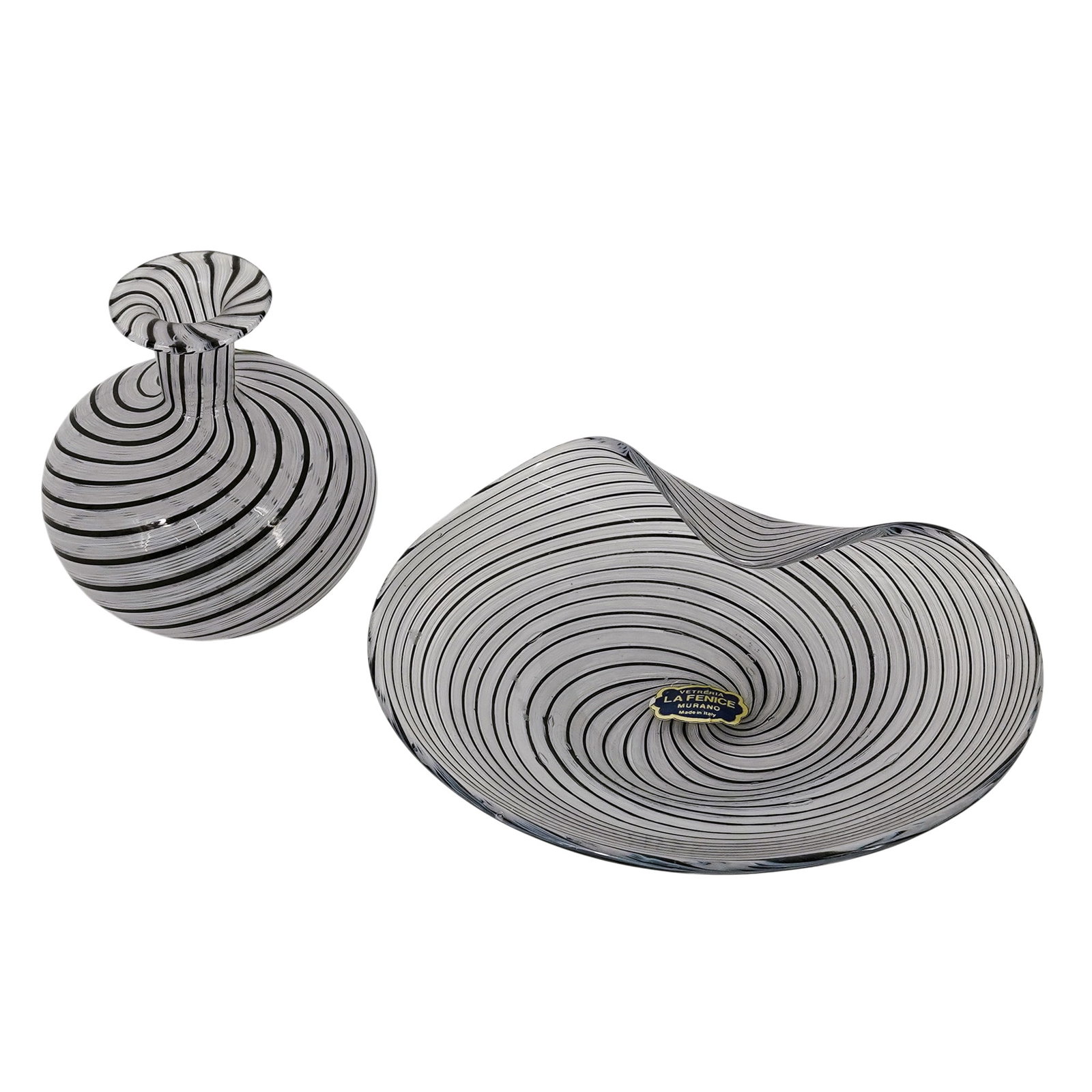 (2 pcs) Murano Black & White Spiral Vase & Bowl (1 of 6)