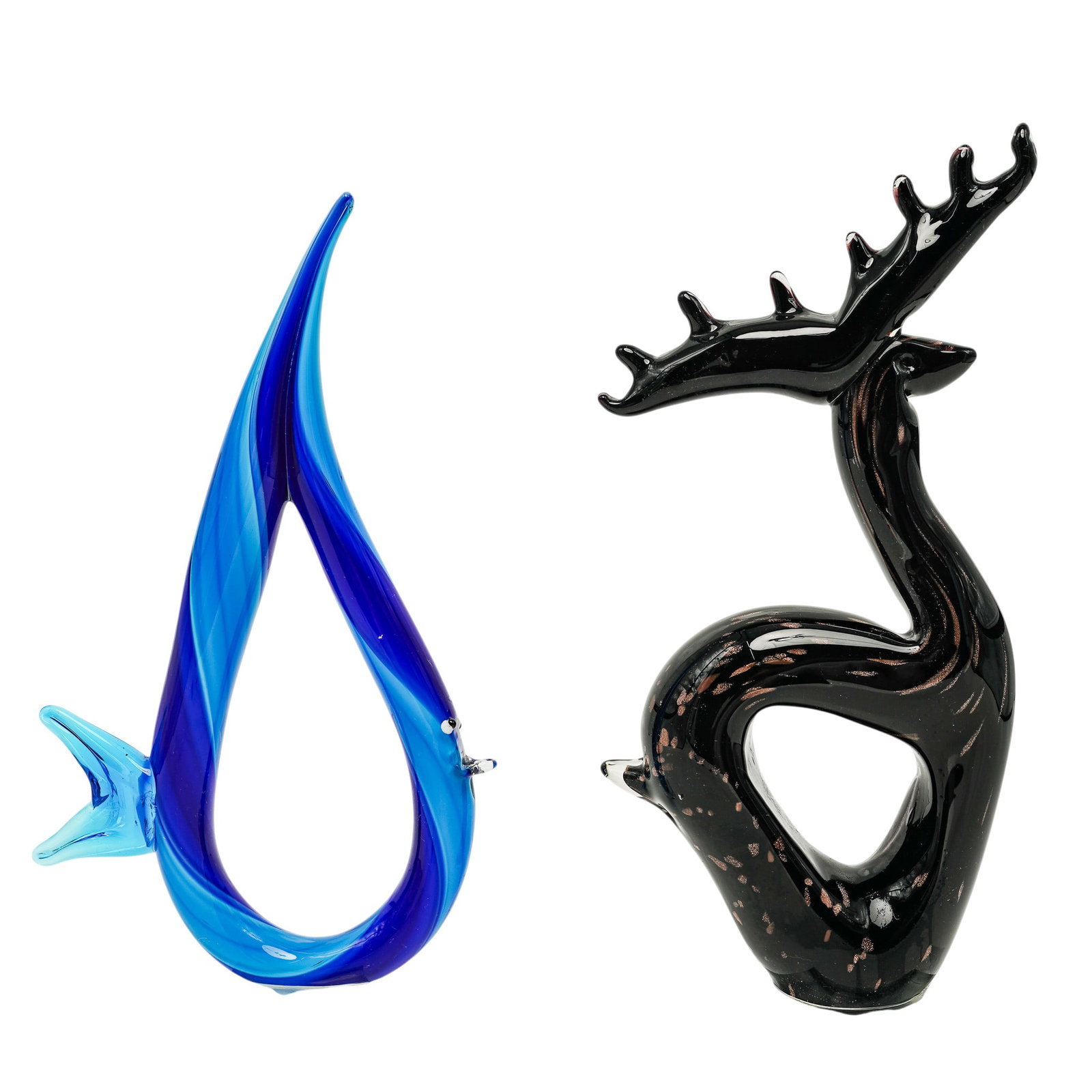 (2 pc) Murano Glass Abstract Fish & Stag Sculptures (1 of 10)