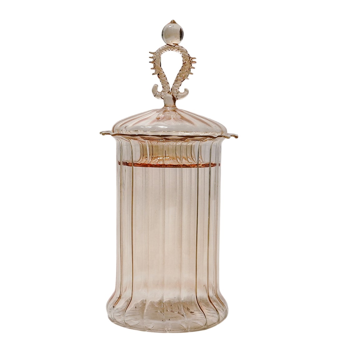 Venetian Vaseline Glass Canister Jar: Venetian Vaseline Glass Canister Jar 20th century, USA Glass canister jar features cylindrical body with a deeply ribbed, vertical pillar design that flares out slightly at the base. It includes a mat