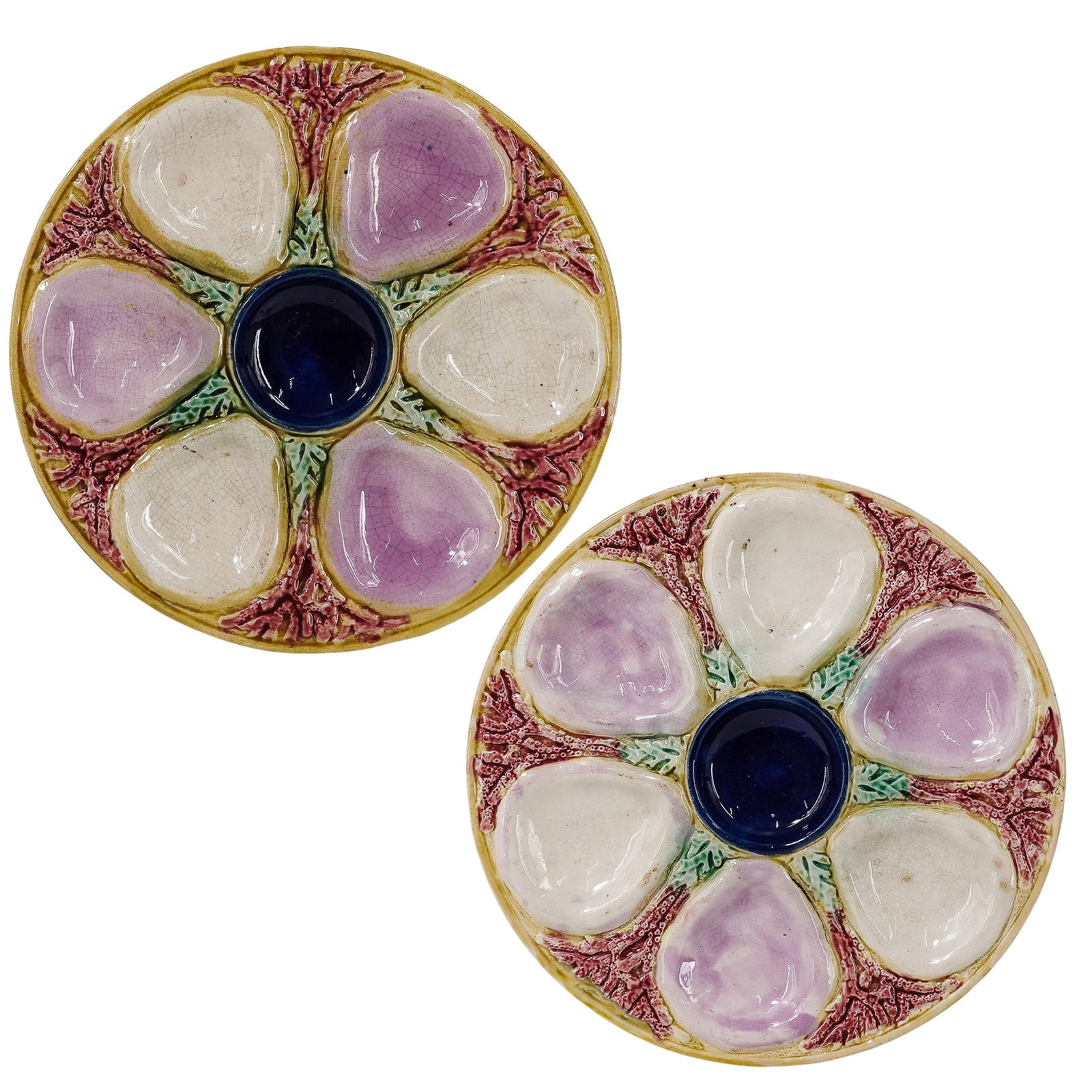 Pair of Antique Samuel Lear 'Seaweed Coral & 6 Shells' Majolica Oyster Plates (1 of 7)