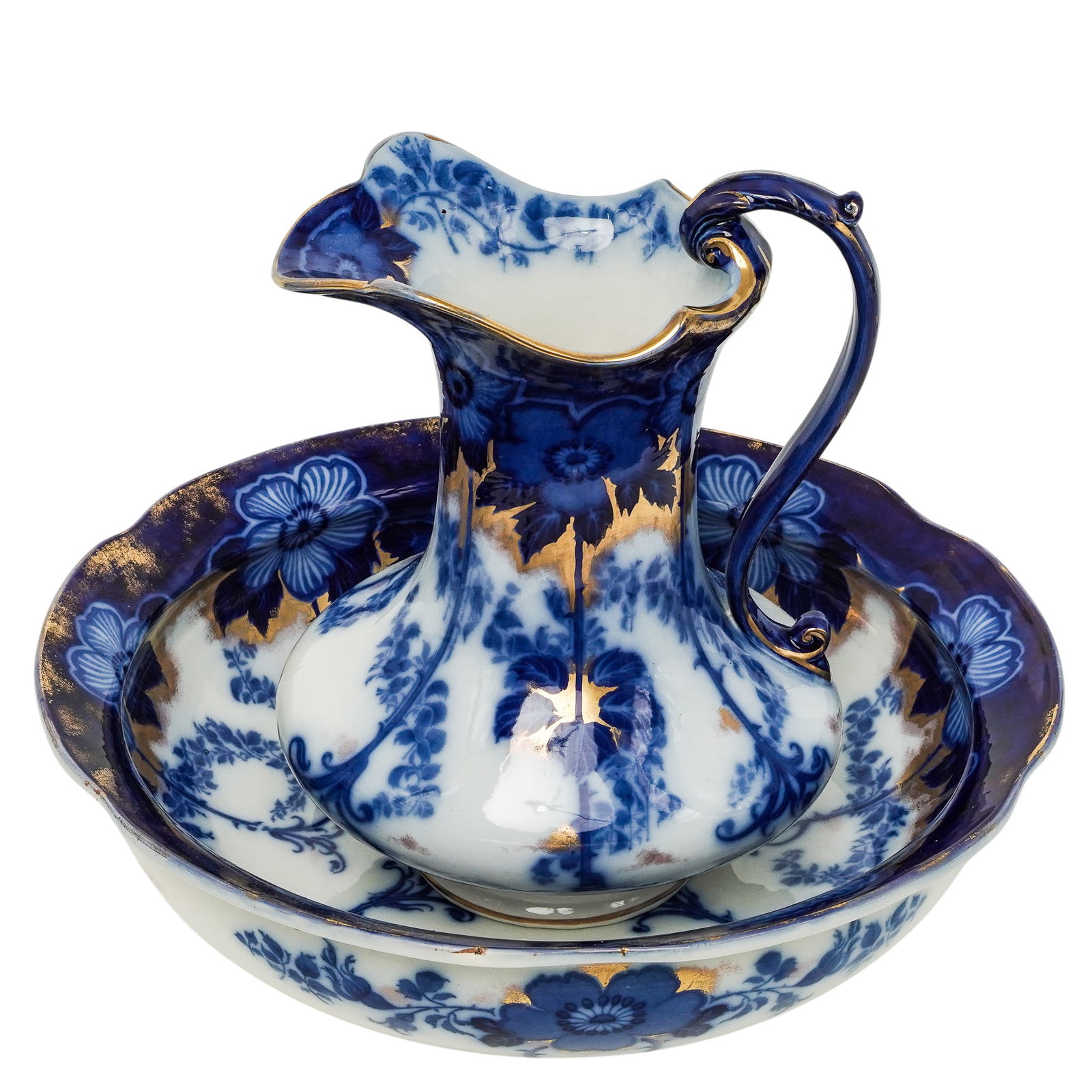 (2 pc) Antique Burgess & Leigh Flow Blue 'Brair' Pitcher & Wash Basin (1 of 13)