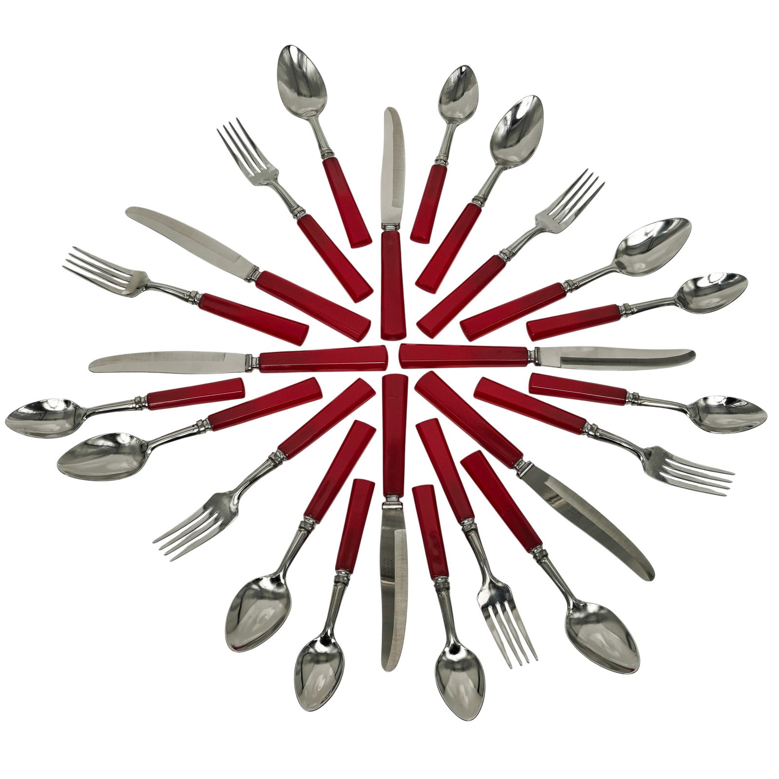 (24pc) Vintage Bakelite-Handled Cutlery Set: (24pc) Vintage Bakelite-Handled Cutlery Set Mid 20th Cent. This striking collection features a flatware set crafted with shimmering silver-tone stainless steel heads and a vibrant, cherry-red