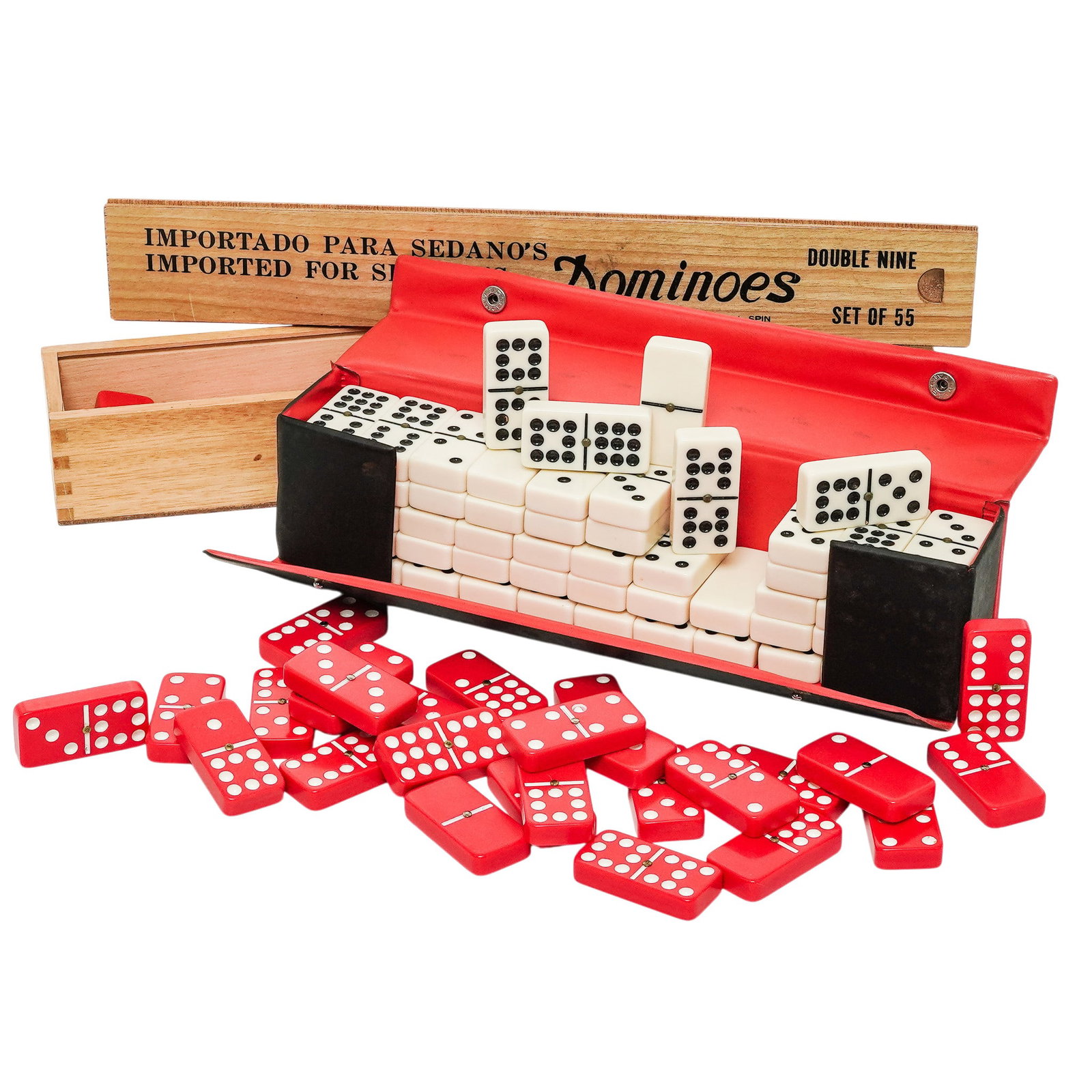 (2 pc) Vintage Double-Nine Dominoes Sets: DVintage Double-Nine Domino Sets, comprising two complete 55-piece double-nine domino sets, including one set with black-and-white urea dominoes and one set with red-and-white urea dominoes. The red s