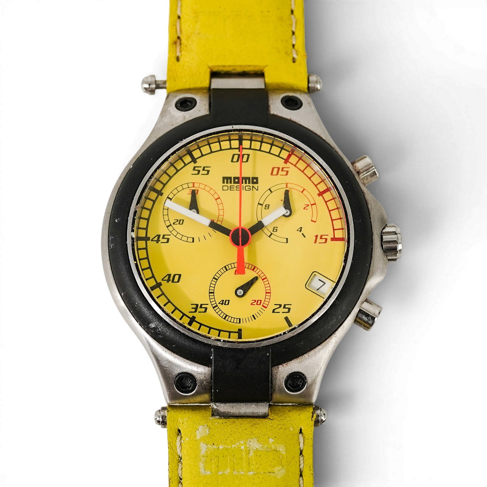 Momo Design Speed MD-014 Swiss Chronograph Wristwatch: Momo Design Speed MD-014 Swiss Chronograph Wristwatch 2000s, Italian/Swiss Momo Design “Speed” model “MD-014” stainless steel quartz chronograph wristwatch with yellow racing dial,
