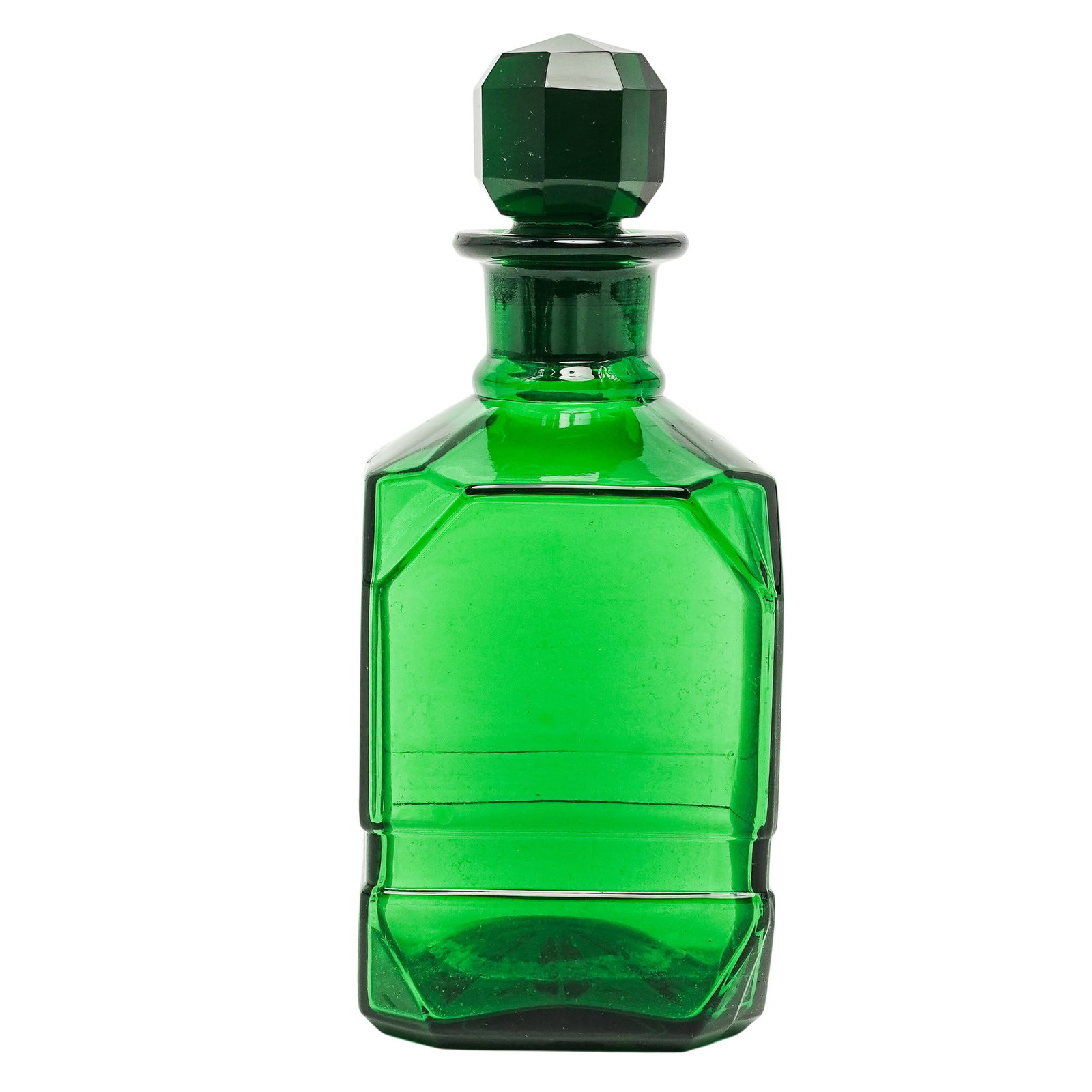 Art Deco Green Glass Decanter: Art Deco Green Glass Decanter Early 20th Century, Austria Features a faceted emerald green glass body with matching geometric stopper, executed with angular paneled sides and stepped form.