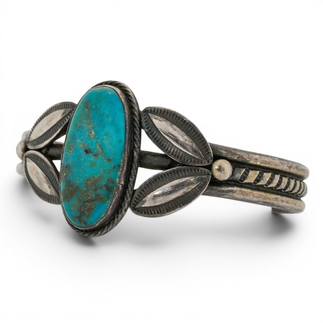 P.J. Begay Navajo Sterling Silver & Turquoise Leaf Motif Cuff Bracelet (1 of 5)