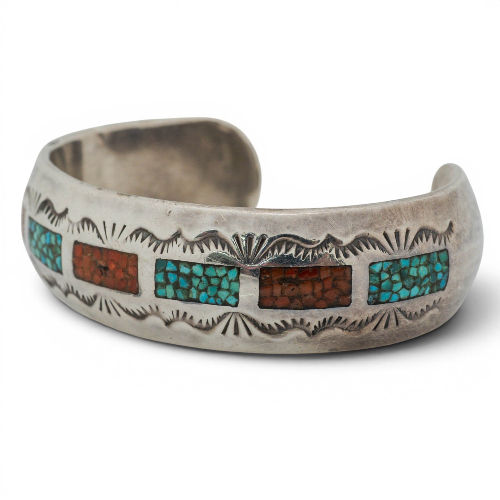 Charlie John Navajo Sterling Silver Turquoise & Coral Inlay Cuff Bracelet: Charlie John Navajo Sterling Silver Turquoise & Coral Inlay Cuff Bracelet 1980s-1990s, USA Sterling silver cuff bracelet by Navajo silversmith Charlie John, featuring alternating rectangular inlay pan