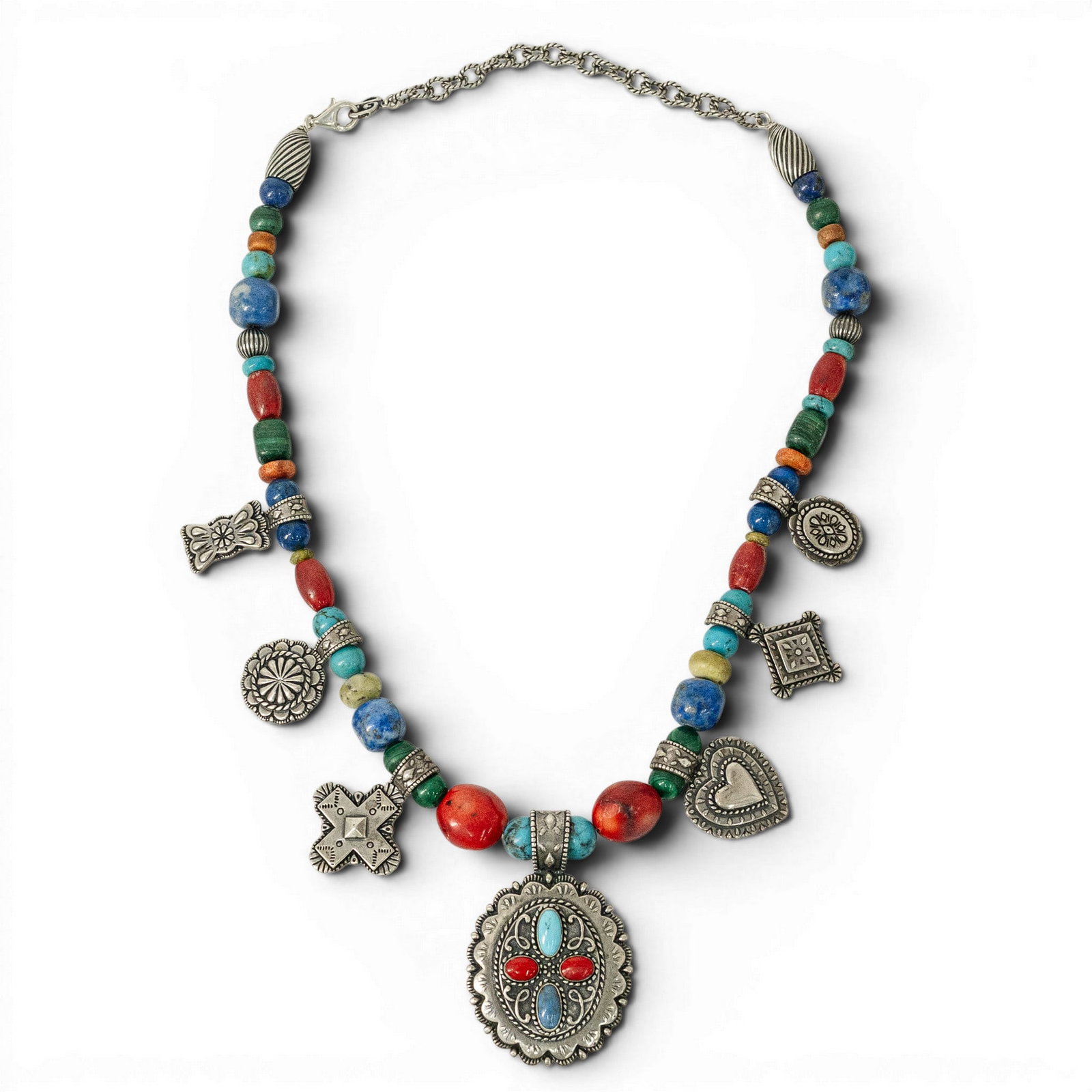 Carolyn Pollack for Relios Sterling Silver & Multi Stone Charm Necklace: Carolyn Pollack for Relios Sterling Silver & Multi Stone Charm Necklace 1990s-2000s, USA Heavy sterling silver Carolyn Pollack for Relios charm necklace comprised of multicolor gemstone bead strands a