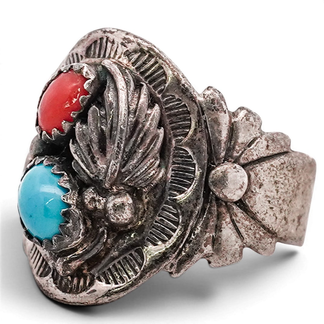 Alvin Yellowhorse Navajo Sterling Silver Turquoise & Coral Ring: Alvin Yellowhorse Navajo Sterling Silver Turquoise & Coral Ring 1980s-1990s, USA Navajo sterling silver ring by Alvin Yellowhorse featuring a sculptural repoussé design with applied feather and bead 