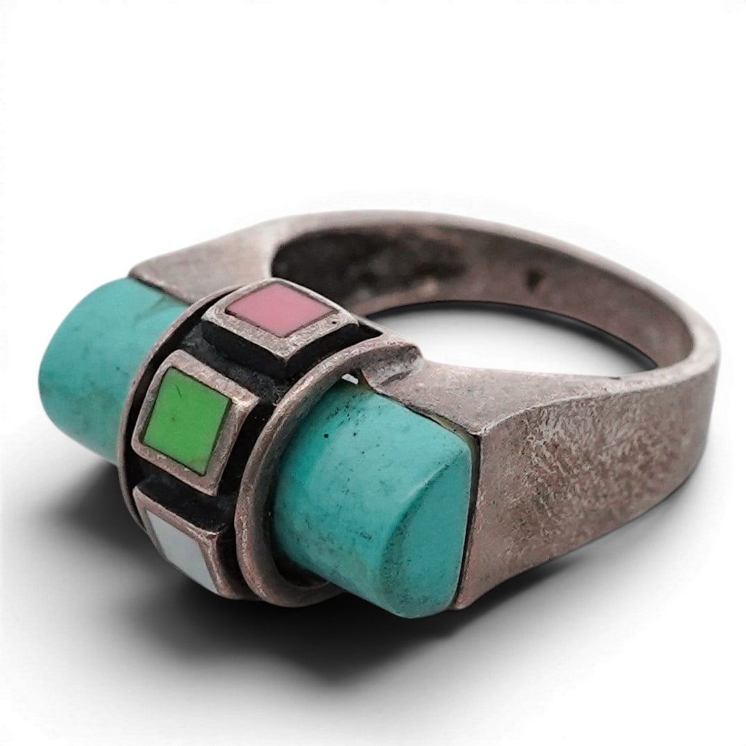 Vintage Sterling Silver Turquoise & Multi-Stone Inlay Band Ring Signed (1 of 6)