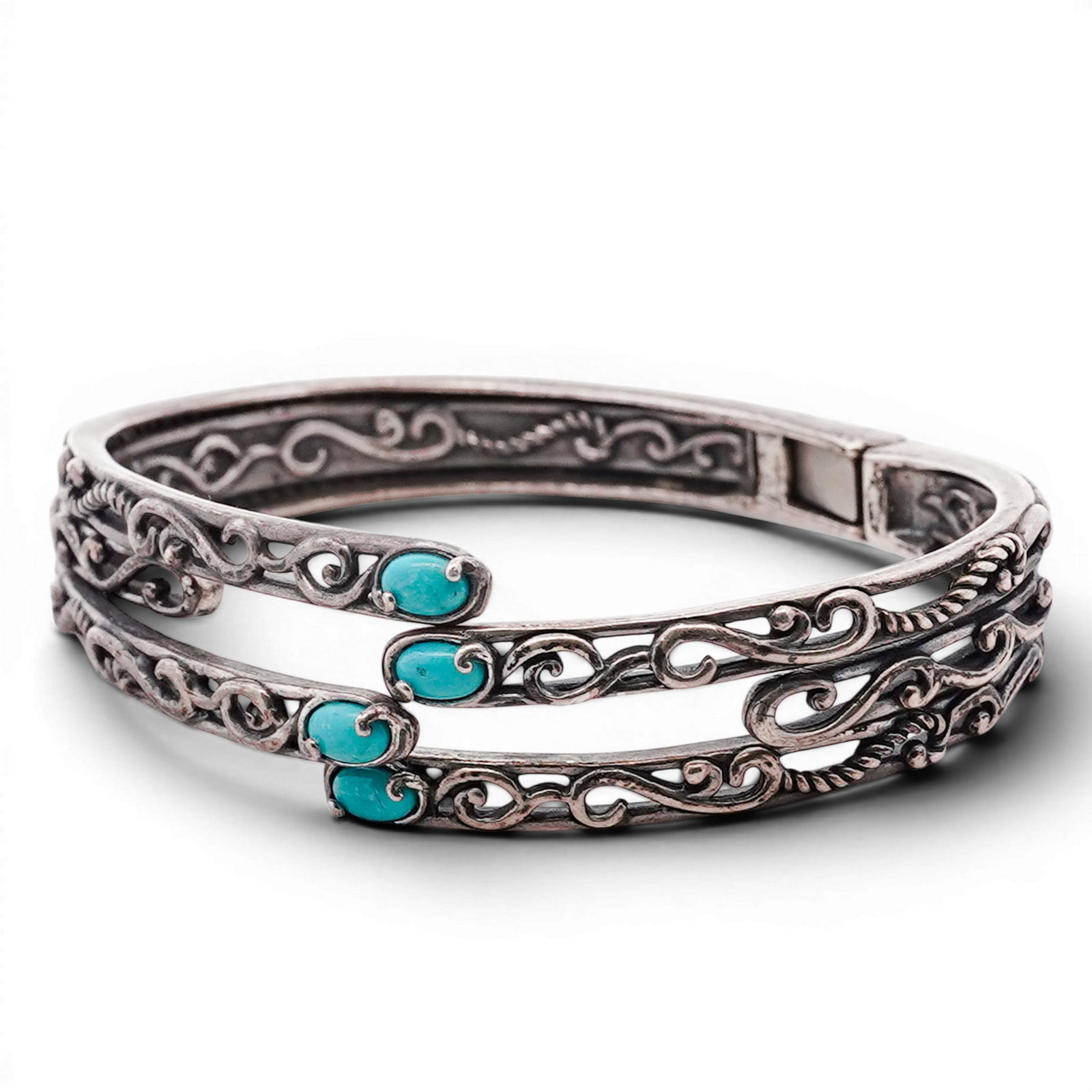 Carolyn Pollack Relios Sterling Silver & Turquoise Cuff Bracelet: Carolyn Pollack Relios Sterling Silver & Turquoise Cuff Bracelet 1990s-2000s, USA Sterling silver cuff bracelet of multi-band openwork design with applied scroll and wire detailing, set with oval cabo