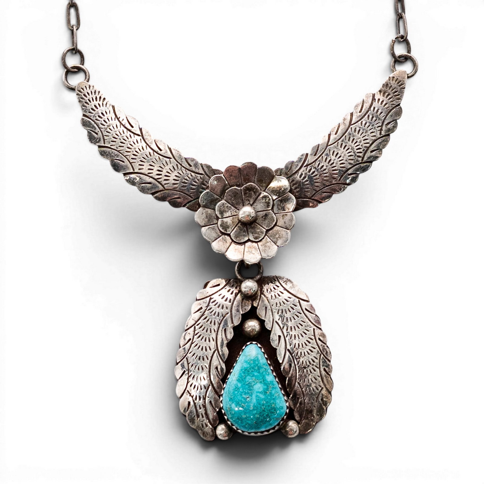 Vintage Navajo Sterling Silver & Turquoise Feather Necklace (1 of 4)