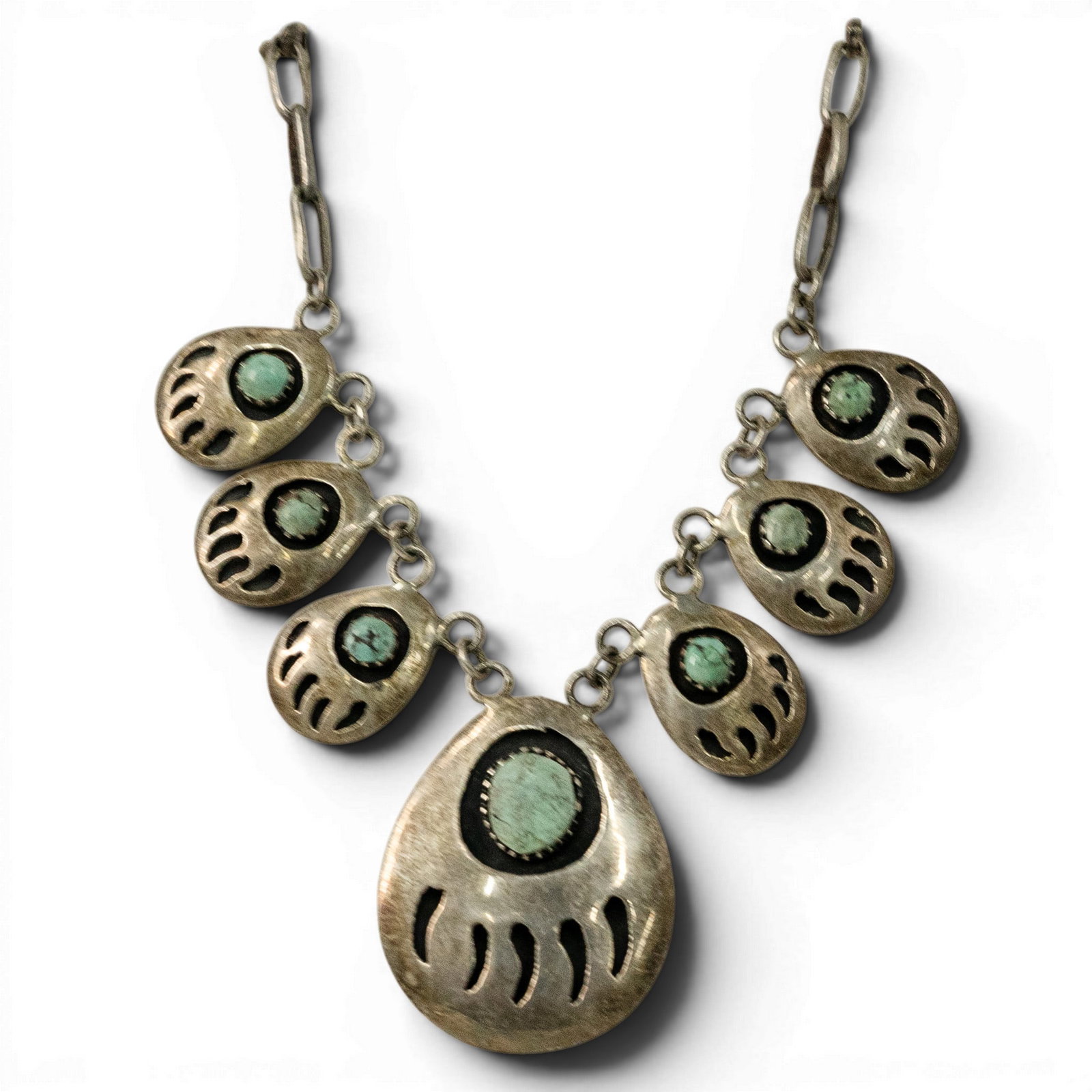 Vintage Navajo Sterling Silver & Turquoise Bear Paw Necklace Signed (1 of 3)
