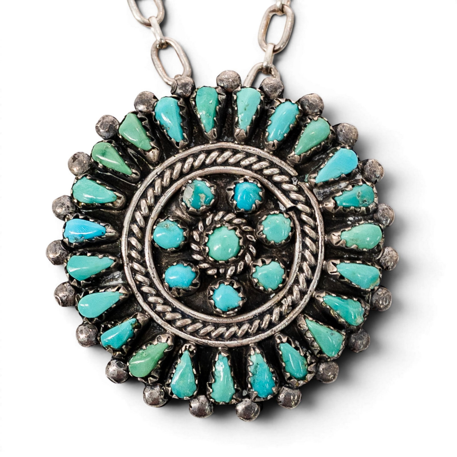 Vintage Zuni Sterling Silver & Turquoise Petit Point Necklace Brooch (1 of 3)