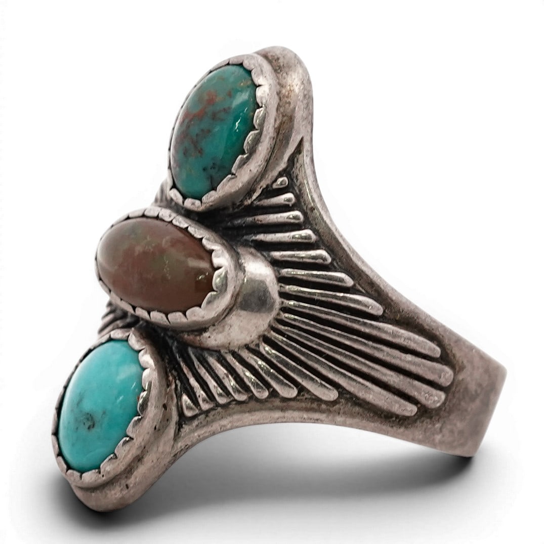 Vintage Navajo Sterling Silver Three-Stone Turquoise Cluster Ring, Signed (1 of 5)