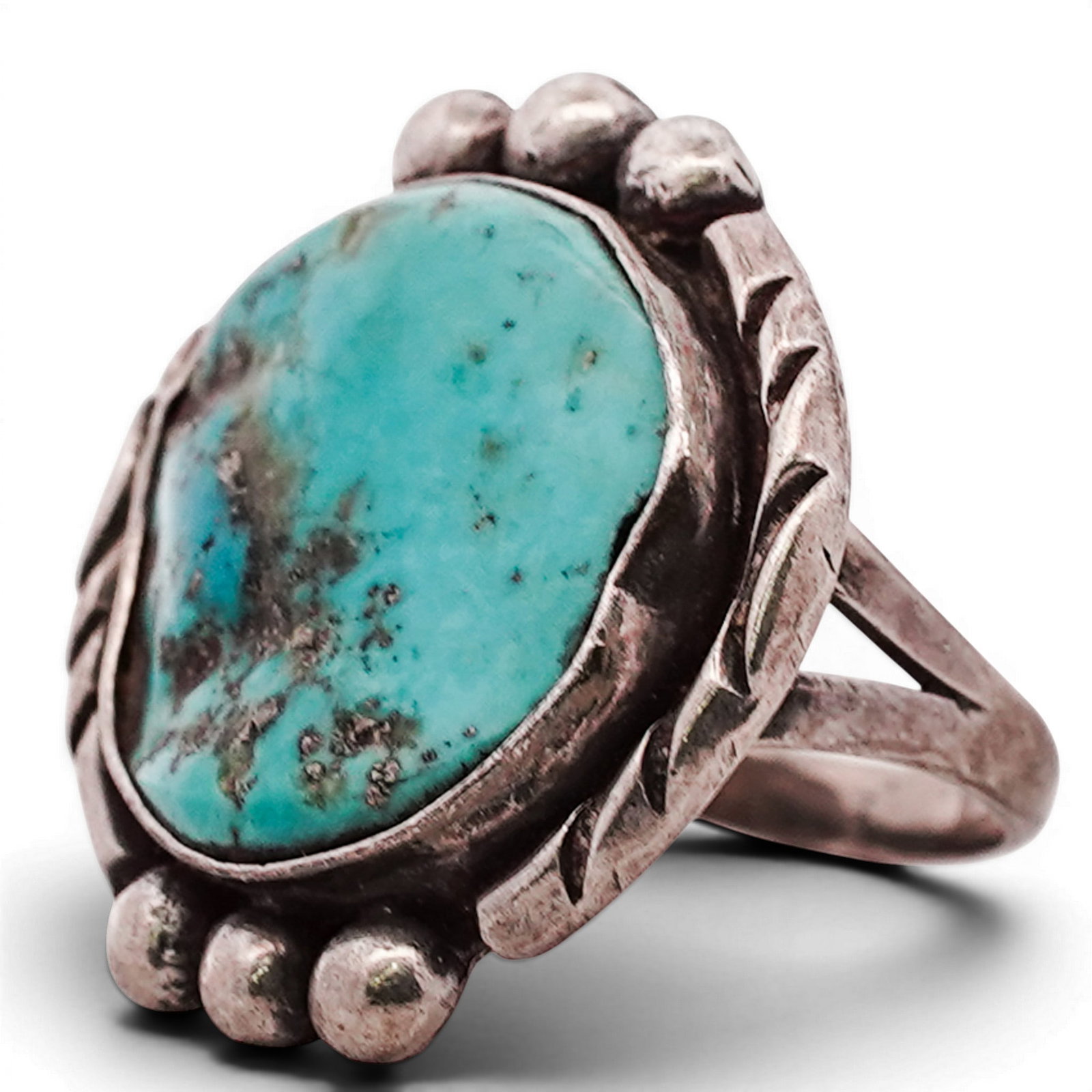 Vintage Navajo Sterling Silver & Turquoise Ring Signed: Vintage Navajo Sterling Silver & Turquoise Ring Signed 1970s-1980s, USA Vintage Navajo sterling silver ring set with a single turquoise cabochon in a bezel setting, accented by applied bead elements a