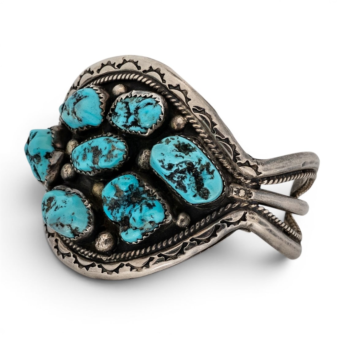 Vintage Navajo Sterling Silver & Turquoise Cluster Cuff Bracelet Signed (1 of 8)