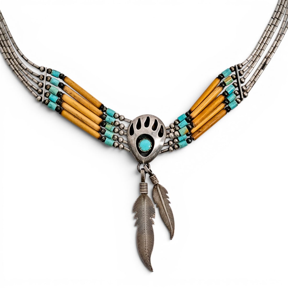 Vintage Navajo Turquoise & Bone Feather Heishi Necklace (1 of 8)