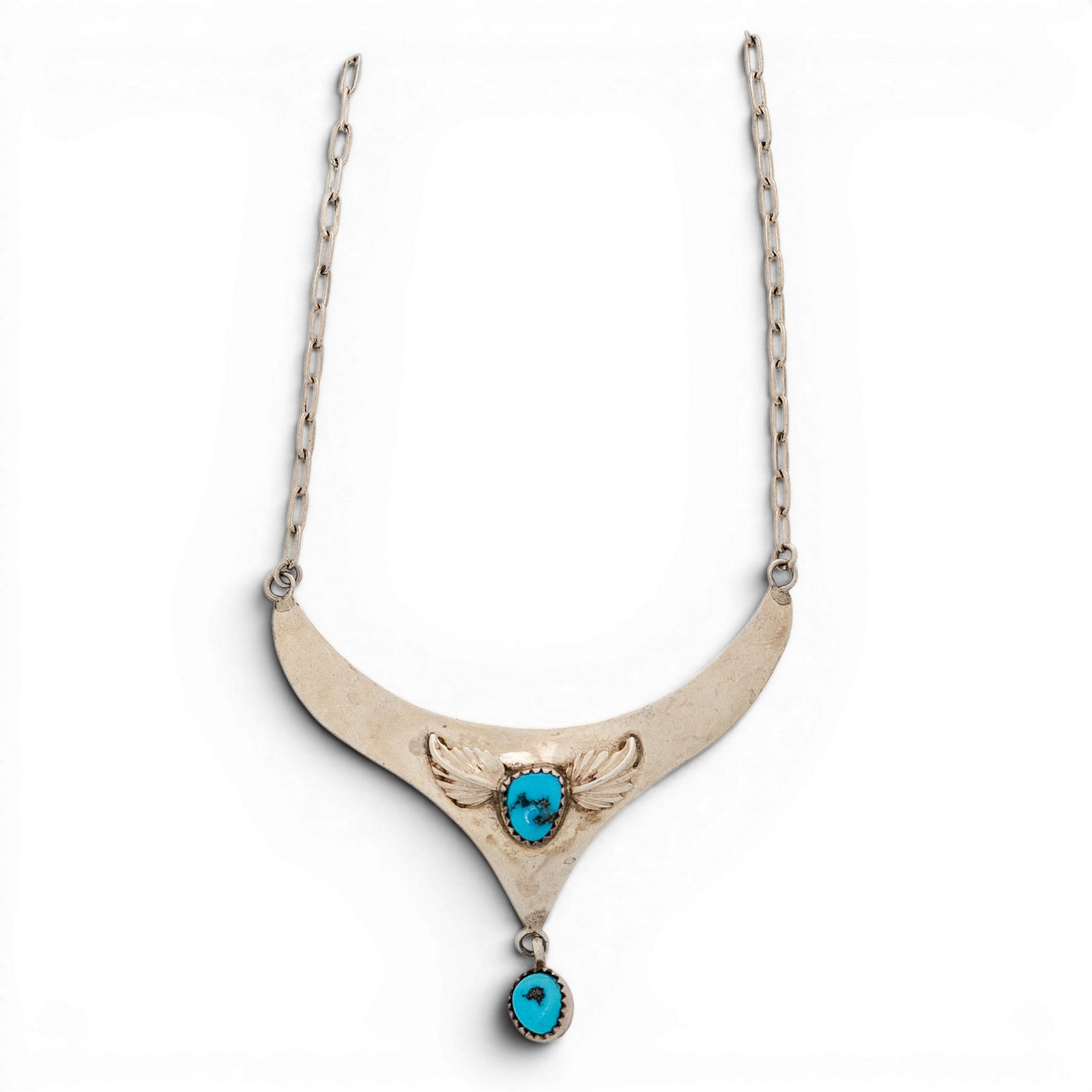 Vintage Navajo Sterling Silver & Turquoise Necklace Signed: Vintage Navajo Sterling Silver & Turquoise Necklace Signed 1970s-1980s, USA Navajo sterling silver necklace with crescent-form front pendant set with two turquoise cabochons in sawtooth bezels, accent