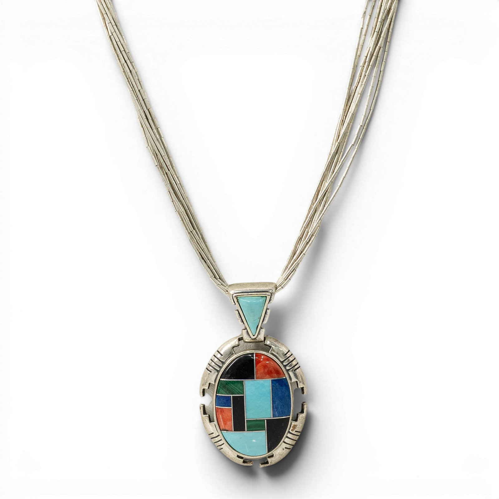 Vintage Carl Gchachu Zuni Sterling Silver & Inlay Pendant Necklace: Vintage Carl Gchachu Zuni Sterling Silver & Inlay Pendant Necklace 1970s-1980s, Zuni Zuni sterling silver necklace by Carl Gchachu with multi strand liquid silver construction suspending an oval geome