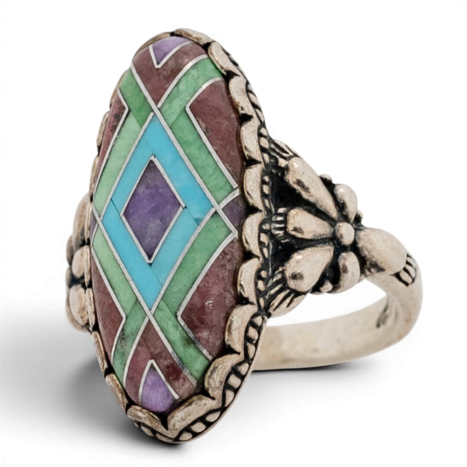 Carolyn Pollack Relios Multi-Stone Inlay Ring: Carolyn Pollack Relios Multi-Stone Inlay Ring 1990s, USA Elongated navette-form ring featuring geometric multi-stone inlay composed of turquoise, spiny oyster shell, mother-of-pearl, and jet arranged 