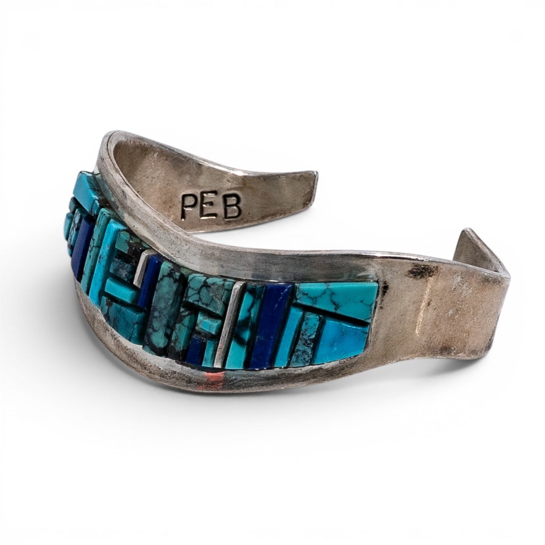 Edward Becenti Navajo Sterling Silver Turquoise & Lapis Channel Inlay Cuff Bracelet (1 of 11)