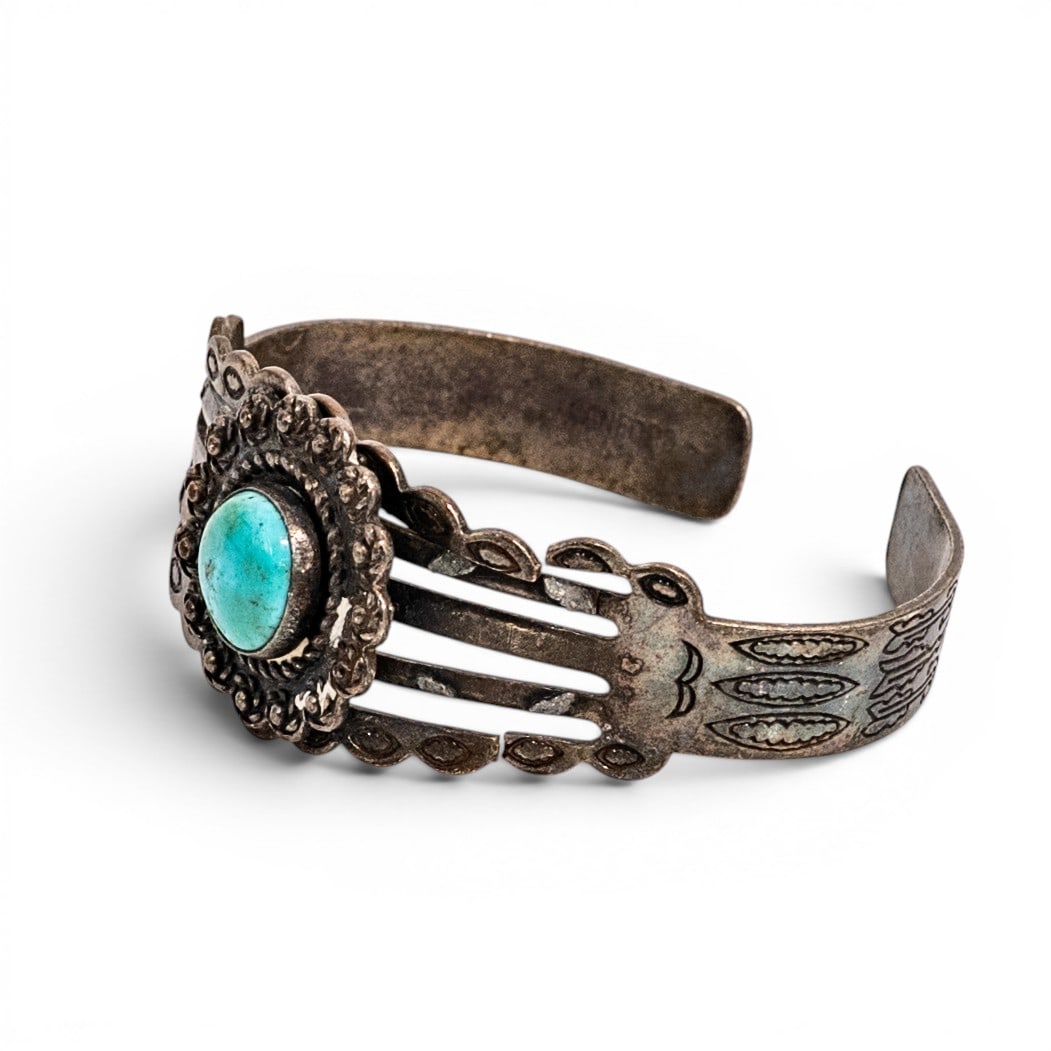 Navajo Sterling Silver & Turquoise Cuff Bracelet Signed Sanford (1 of 7)