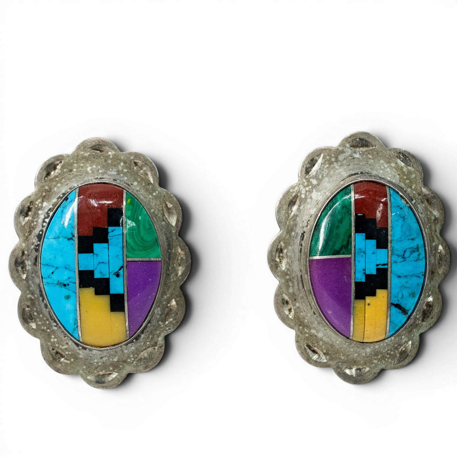 Zuni Sterling Silver & Multi-Stone Inlay Thunderbird Earrings: Zuni Sterling Silver & Multi-Stone Inlay Thunderbird Earrings 1970s–1980s, USA Pair of Zuni sterling silver earrings with oval multi-stone inlay panels depicting Thunderbird motifs composed of turqu