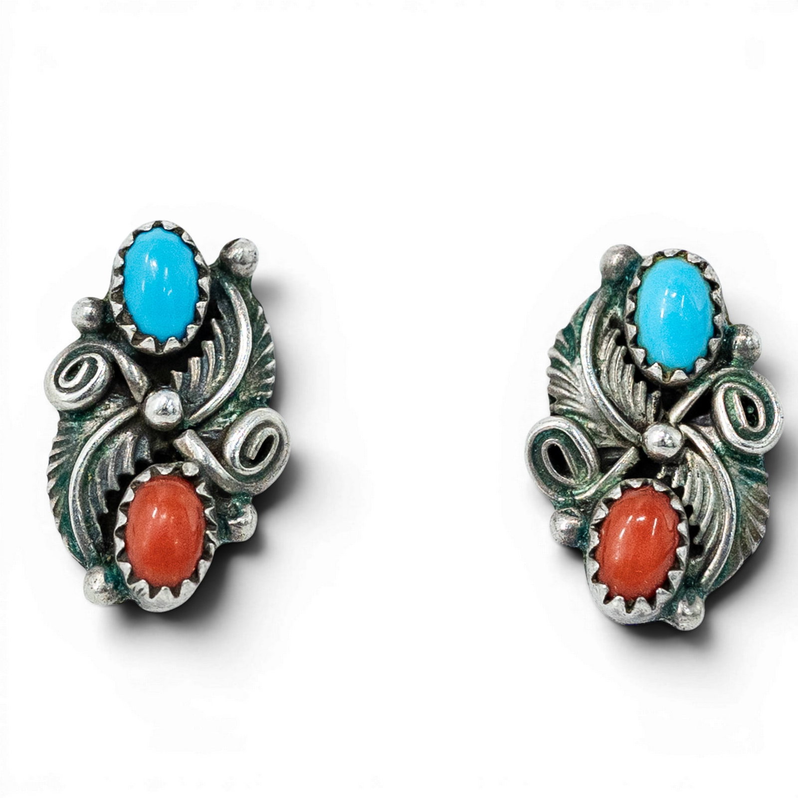Vintage Navajo Sterling Silver Turquoise & Coral Leaf Cluster Earrings: Vintage Navajo Sterling Silver Turquoise & Coral Leaf Cluster Earrings 1980s–1990s, USA Pair of Navajo sterling silver post earrings by Running Bear Trading set with oval turquoise and coral cabocho