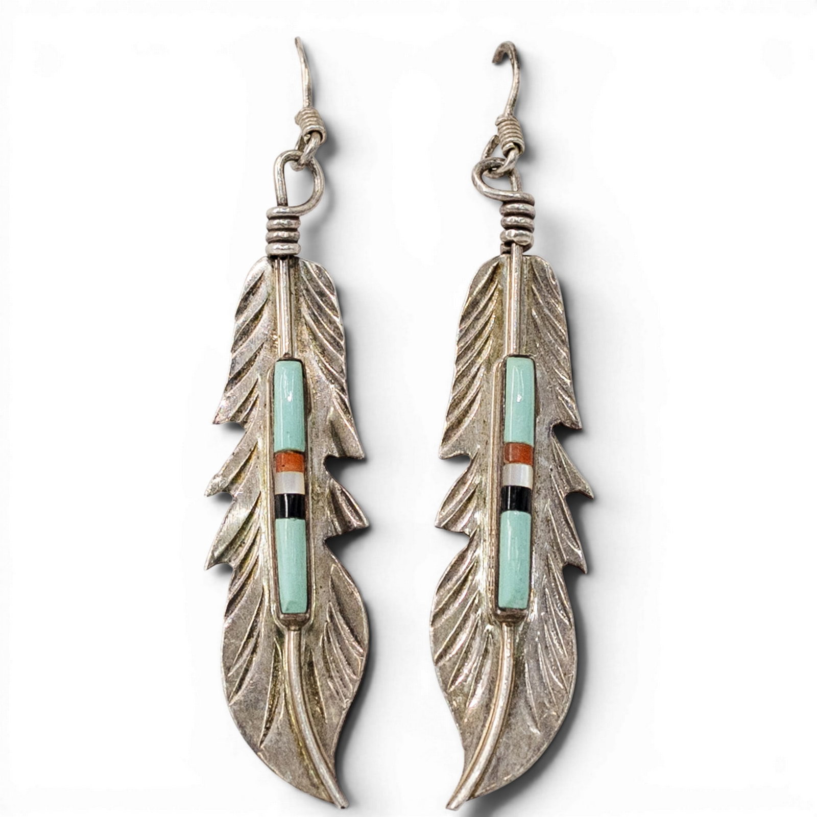 Vintage Zuni Sterling Silver & Multistone Inlay Feather Earrings (1 of 3)