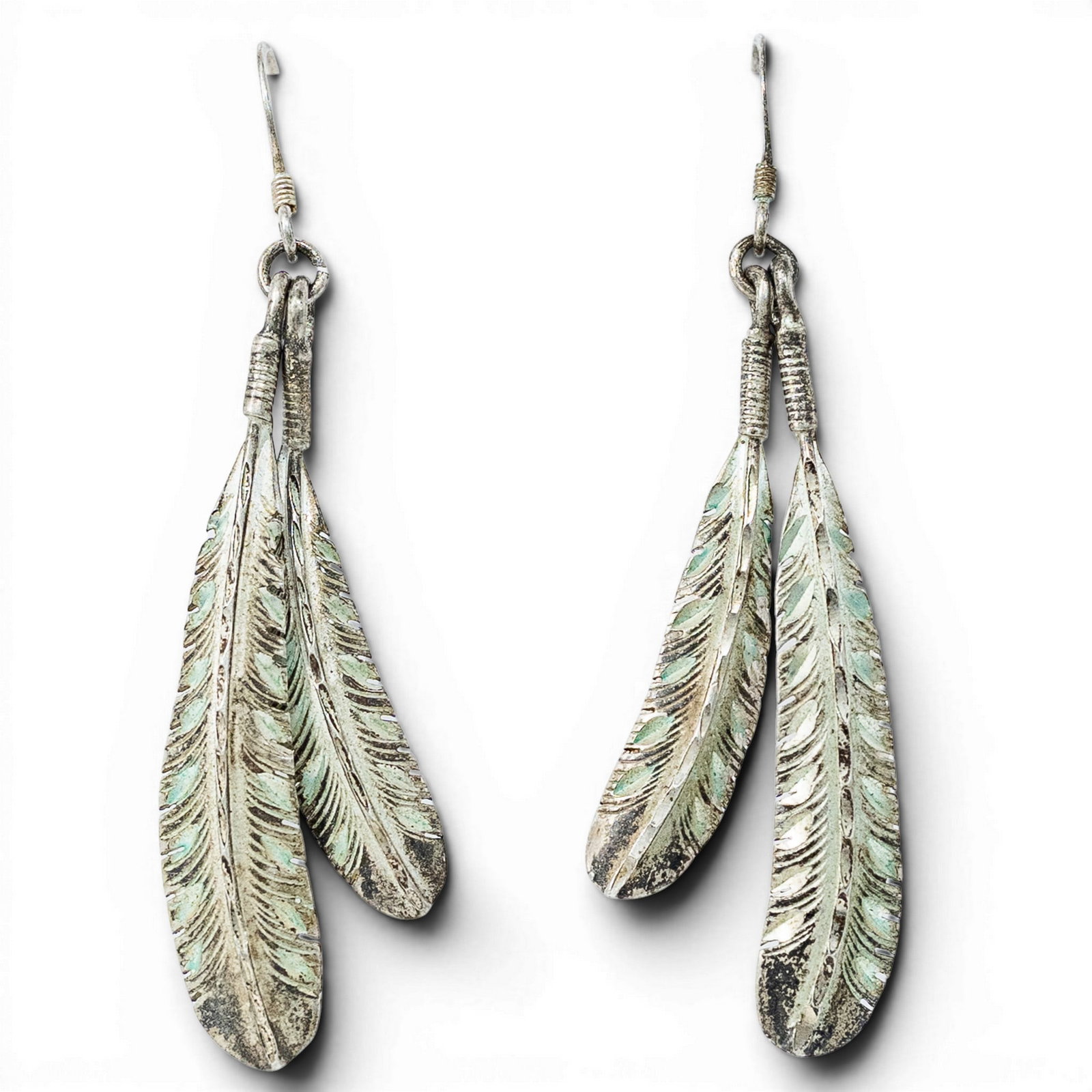 Vintage Navajo Sterling Silver Double Feather Dangle Earrings (1 of 3)