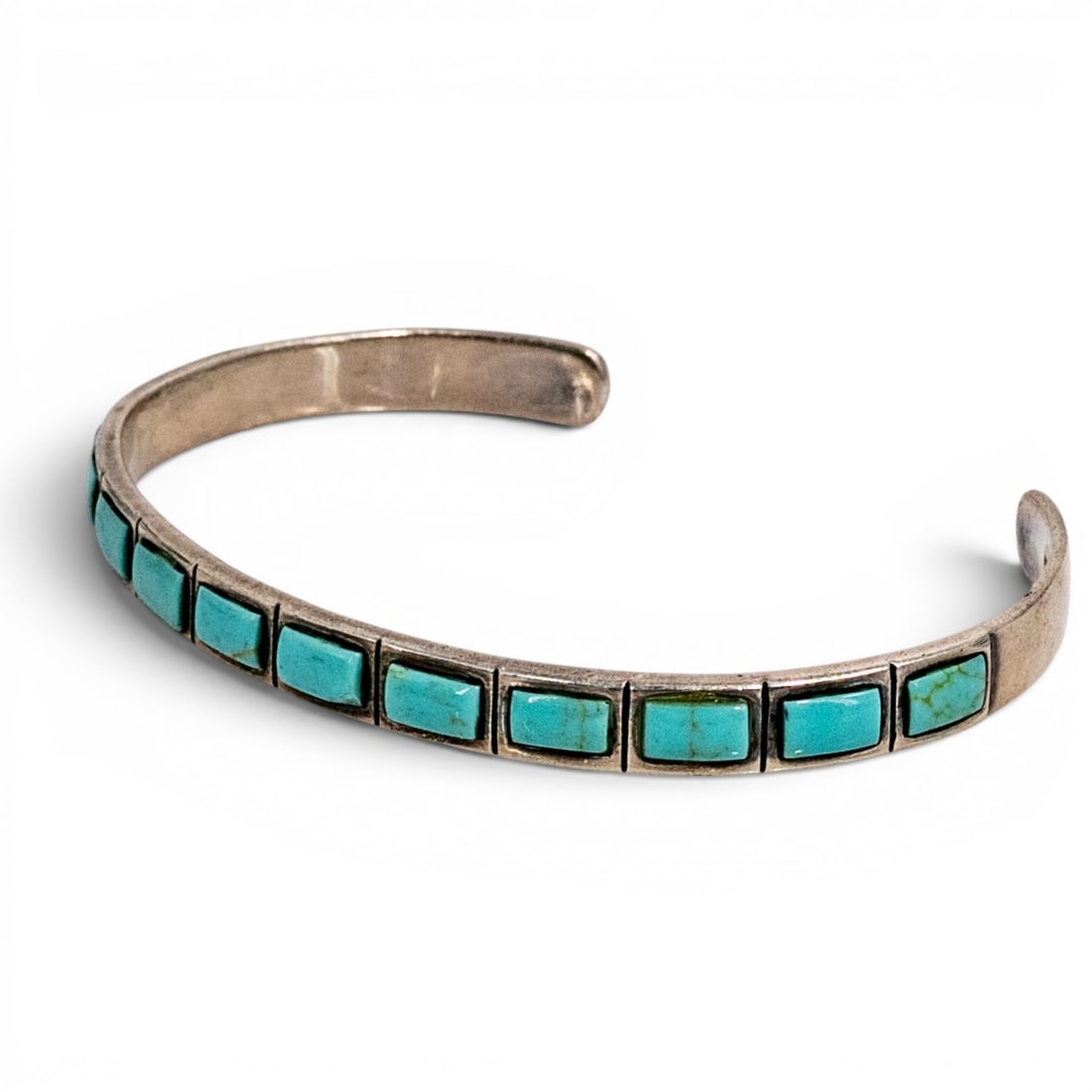 Navajo Sterling Silver & Turquoise Channel Inlay Cuff Bracelet Signed: Navajo Sterling Silver & Turquoise Channel Inlay Cuff Bracelet Signed 1990s–2000s, USA Navajo sterling silver cuff bracelet with a slender band set with rectangular turquoise channel inlay stones ac