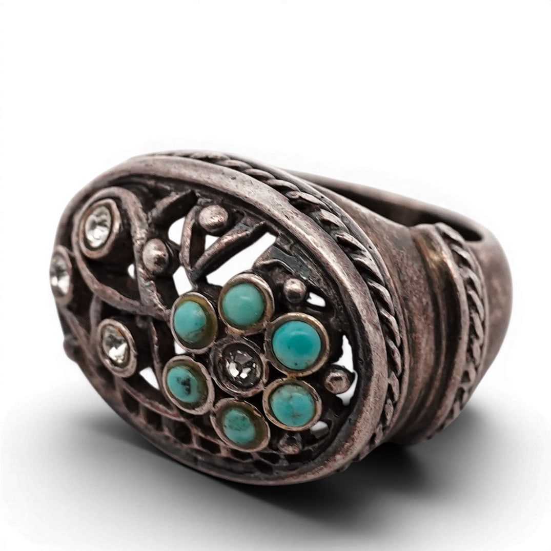 Vintage Barse Sterling Silver Turquoise and Crystal Cluster Ring: Vintage Barse Sterling Silver Turquoise and Crystal Cluster Ring Vintage sterling silver statement ring featuring an ornate openwork design. The face is centered with a floral cluster of small turquoi