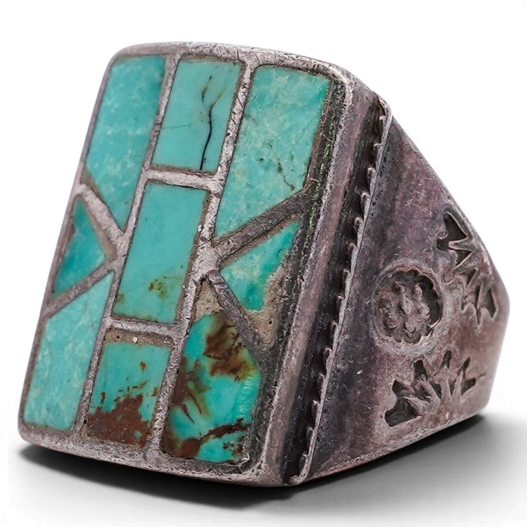 Vintage Navajo Sterling Silver Geometric Turquoise Inlay Ring: Vintage Navajo Sterling Silver Geometric Turquoise Inlay Ring Vintage sterling silver ring featuring a bold rectangular inlay design composed of turquoise stone segments separated by silver channels, 