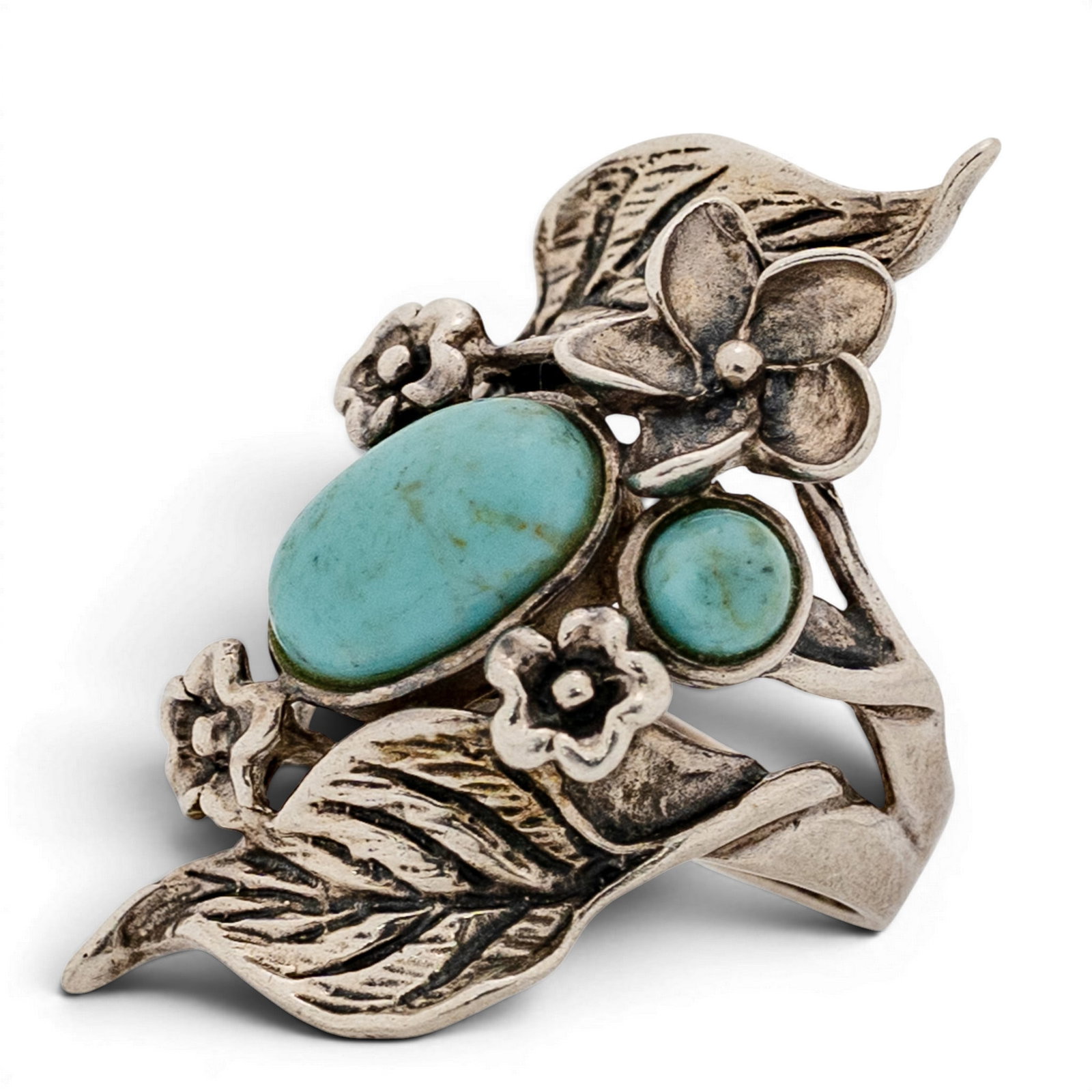 Thai Sterling Silver & Turquoise Floral Motif Ring Signed: Thai Sterling Silver & Turquoise Floral Motif Ring Signed Late 20th Century, Thai Oval turquoise cabochon with secondary round turquoise accent, set in bezels within an ornate floral and foliate motif