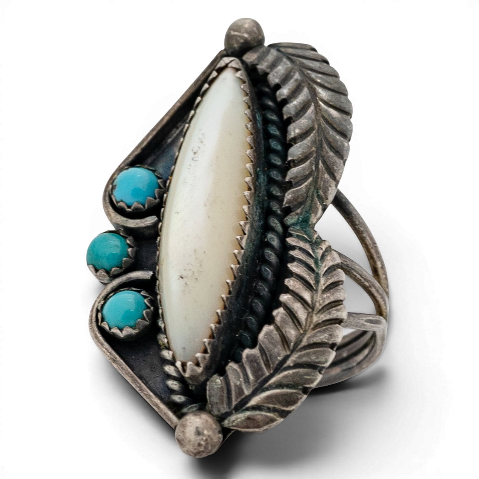 Vintage Ernest L. Duran Navajo Sterling Silver Turquoise & MOP Ring: Vintage Ernest L. Duran Navajo Sterling Silver Turquoise & MOP Ring 1970s-1980s, USA Elongated navette-form ring set with a central mother-of-pearl cabochon in serrated bezel, flanked by three turquoi