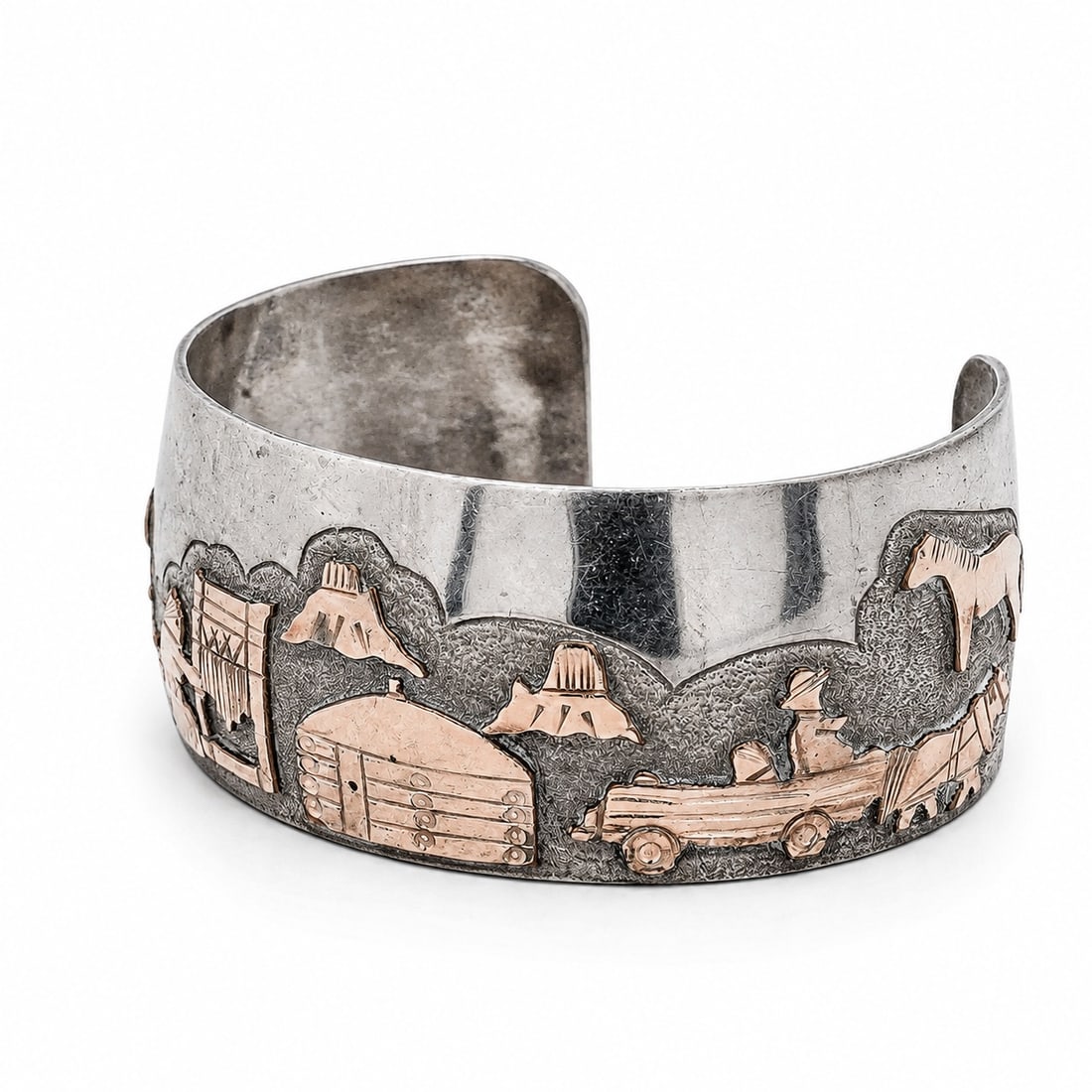 Vintage Navajo Gold & Sterling Silver Pueblo Storyteller Cuff Bracelet Signed: Vintage Navajo Gold & Sterling Silver Pueblo Storyteller Cuff Bracelet Signed 1970s-1980s, USA Sterling silver cuff with applied overlay depicting a figural pastoral scene including figures, livestock
