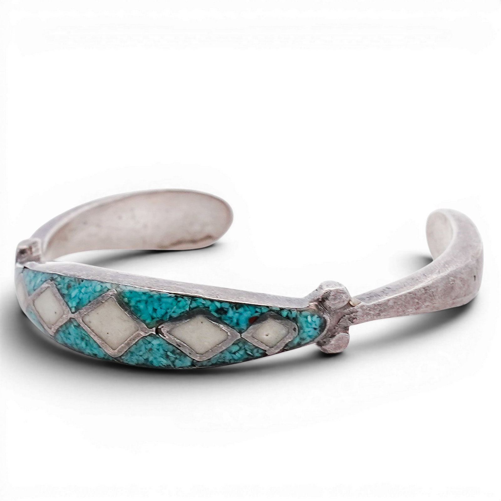 Vintage Zuni Sterling Silver Turquoise & Shell Inlay Cuff Bracelet (1 of 4)