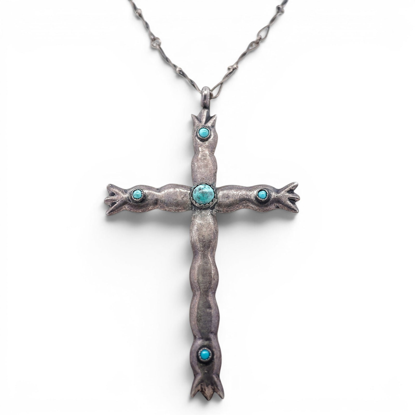 Vintage Navajo Sterling Silver & Turquoise Cross Necklace: Vintage Navajo Sterling Silver & Turquoise Cross Necklace 1970s-1980s, USA Vintage Navajo sterling silver necklace featuring a cross-form pendant set with multiple turquoise cabochons, including a cen