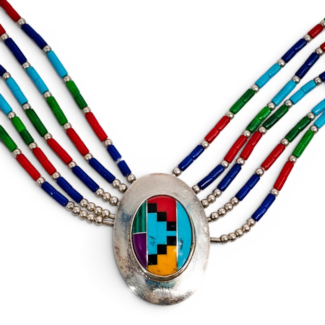 Vintage Navajo Sterling Silver Inlay Heishi Necklace Signed (1 of 7)