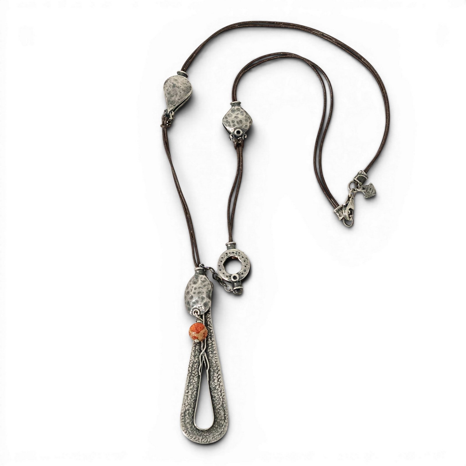Silpada Sterling Silver & Coral Lariat Necklace Signed: Silpada Sterling Silver & Coral Lariat Necklace Signed Late 20th Century. Israeli Silpada sterling silver lariat-style necklace with brown leather cord and hammered sterling silver stations, featuring