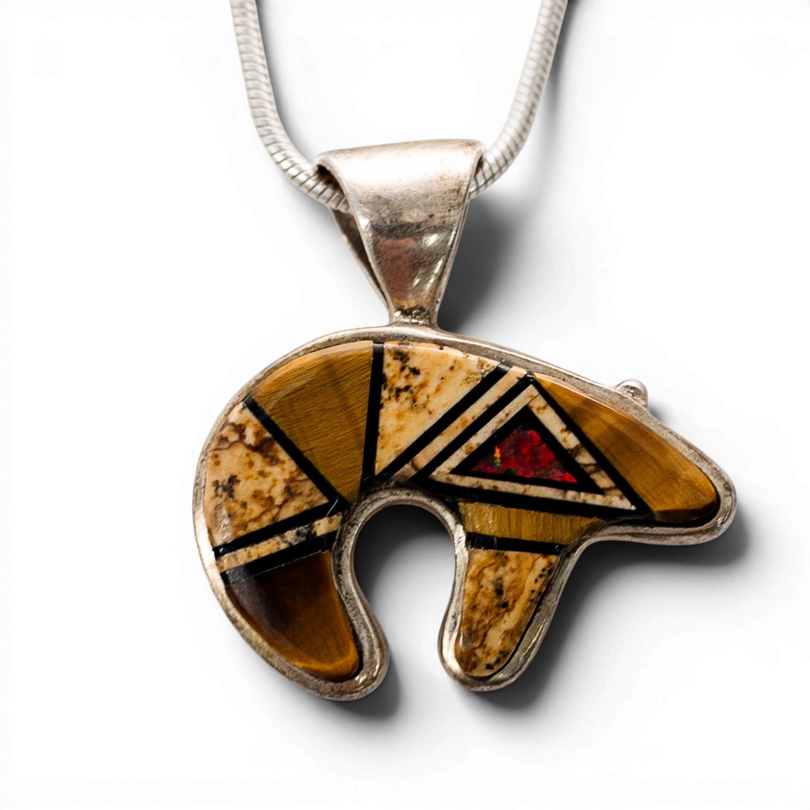 Zuni Sterling Silver & Multi-Stone Inlay Bear Pendant Necklace (1 of 5)