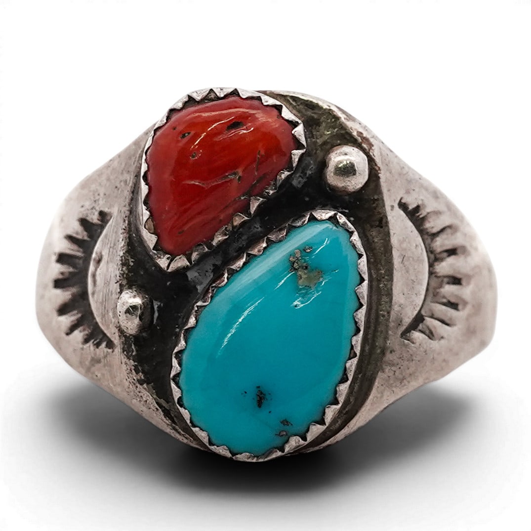 Vintage Navajo Sterling Silver Turquoise and Coral Ring (1 of 3)
